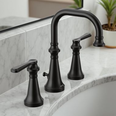 Click here to see Moen TVS44102BL Moen Colinet Two-Handle Widespread Lavatory Faucet with Valve and Pop-Up Drain, Lever Handle, 1.2 GPM, Duralock, Matte Black - TVS44102BL