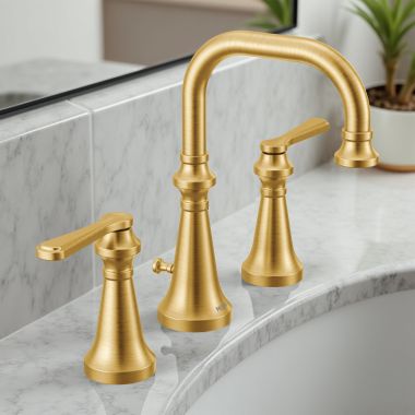 Click here to see Moen TVS44102BG Moen Colinet Two-Handle Widespread Lavatory Faucet with Valve and Pop-Up Drain, Lever Handle, 1.2 GPM, Duralock, Brushed Gold - TVS44102BG