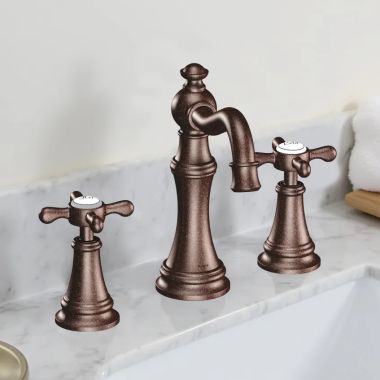 Click here to see Moen TVS42114ORB Moen Weymouth Two-Handle Widespread Bathroom Faucet with Valve and Pop-Up Drain, Cross Handles, 1.2 GPM, Oil Rubbed Bronze - TVS42114ORB