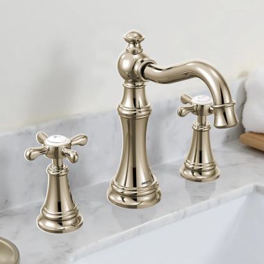 Click here to see Moen TVS42114NL Moen Weymouth Two-Handle Widespread Bathroom Faucet with Valve and Pop-Up Drain, Cross Handles, 1.2 GPM, Polished Nickel - TVS42114NL