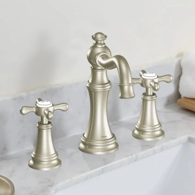 Click here to see Moen TVS42114BN Moen Weymouth Two-Handle Widespread Bathroom Faucet with Valve and Pop-Up Drain, Cross Handles, 1.2 GPM, Brushed Nickel - TVS42114BN