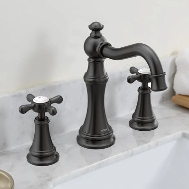 Click here to see Moen TVS42114BL Moen Weymouth Two-Handle Widespread Bathroom Faucet with Valve and Pop-Up Drain, Cross Handles, 1.2 GPM, Matte Black - TVS42114BL