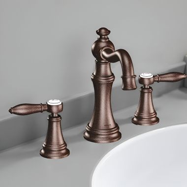 Click here to see Moen TVS42108ORB Moen Weymouth 2-Handle Widespread Bathroom Faucet w/ Valve and Pop-Up Drain, Lever Handles, 1.2 GPM, Oil Rubbed Bronze - TVS42108ORB