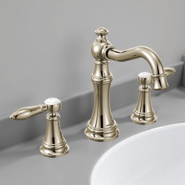 Click here to see Moen TVS42108NL Moen Weymouth 2-Handle Widespread Bathroom Faucet w/ Valve and Pop-Up Drain, Lever Handles, 1.2 GPM, Polished Nickel - TVS42108NL
