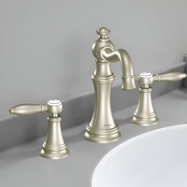 Click here to see Moen TVS42108BN Moen Weymouth 2-Handle Widespread Bathroom Faucet w/ Valve and Pop-Up Drain, Lever Handles, 1.2 GPM, Brushed Nickel - TVS42108BN