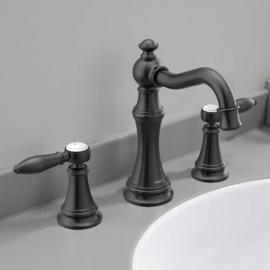 Click here to see Moen TVS42108BL Moen Weymouth 2-Handle Widespread Bathroom Faucet w/ Valve and Pop-Up Drain, Lever Handles, 1.2 GPM, Matte Black - TVS42108BL