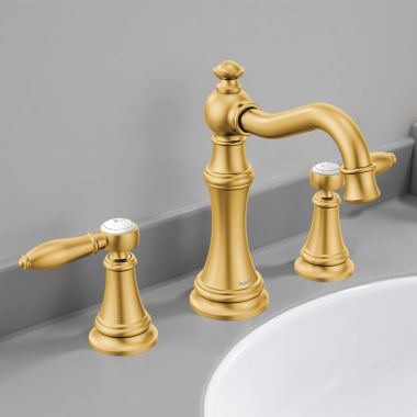 Click here to see Moen TVS42108BG Moen Weymouth 2-Handle Widespread Bathroom Faucet w/ Valve and Pop-Up Drain, Lever Handles, 1.2 GPM, Brushed Gold - TVS42108BG