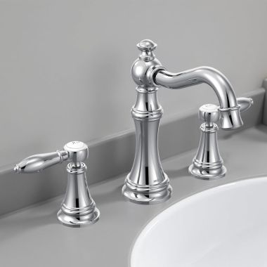 Click here to see Moen TVS42108 Moen Weymouth 2-Handle Widespread Bathroom Faucet w/ Valve and Pop-Up Drain, Lever Handles, 1.2 GPM, Chrome - TVS42108