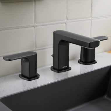 Click here to see Moen TV6920BL Moen Rizon Two-Handle Widespread Bathroom Faucet with Valve and Pop-Up Drain, Lever Handles, 1.2 GPM, Matte Black - TV6920BL