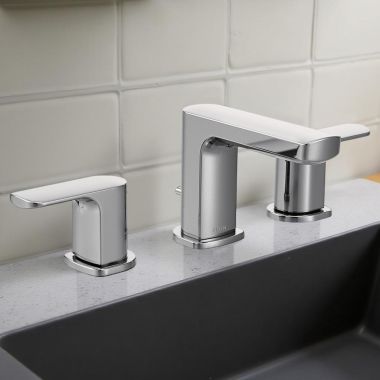 Click here to see Moen TV6920 Moen Rizon Two-Handle Widespread Bathroom Faucet with Valve and Pop-Up Drain, Lever Handles, 1.2 GPM, Chrome - TV6920
