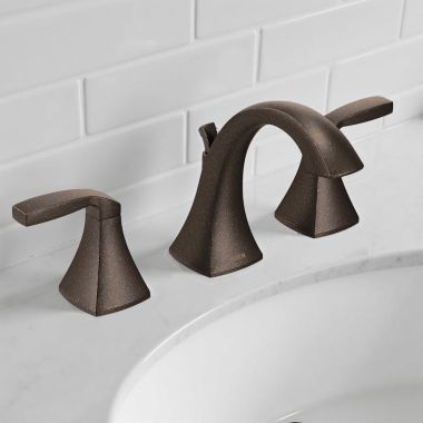 Click here to see Moen TV6905ORB Moen Voss Two-Handle Widespread Bathroom Faucet w/ Valve and Pop-Up Drain, Lever Handles, 1.2 GPM, Oil Rubbed Bronze - TV6905ORB