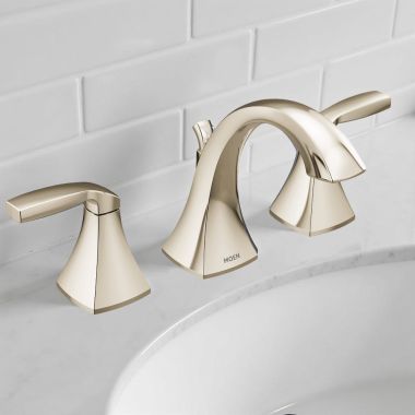 Click here to see Moen TV6905NL Moen Voss Two-Handle Widespread Bathroom Faucet w/ Valve and Pop-Up Drain, Lever Handles, 1.2 GPM, Polished Nickel - TV6905NL