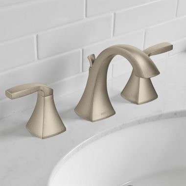 Click here to see Moen TV6905BN Moen Voss Two-Handle Widespread Bathroom Faucet w/ Valve and Pop-Up Drain, Lever Handles, 1.2 GPM, Brushed Nickel - TV6905BN