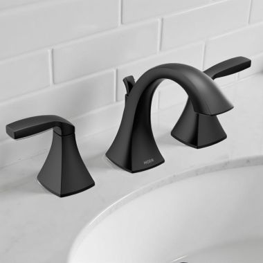 Click here to see Moen TV6905BL Moen Voss Two-Handle Widespread Bathroom Faucet w/ Valve and Pop-Up Drain, Lever Handles, 1.2 GPM, Matte Black - TV6905BL