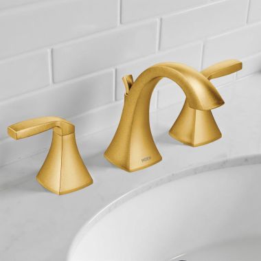Click here to see Moen TV6905BG Moen Voss Two-Handle Widespread Bathroom Faucet w/ Valve and Pop-Up Drain, Lever Handles, 1.2 GPM, Brushed Gold - TV6905BG