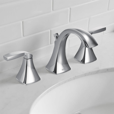 Click here to see Moen TV6905 Moen Voss Two-Handle Widespread Bathroom Faucet w/ Valve and Pop-Up Drain, Lever Handles, 1.2 GPM, Chrome - TV6905