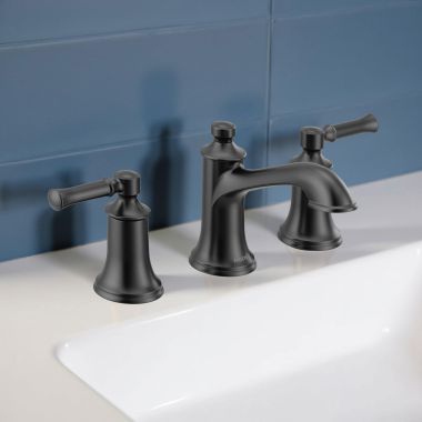 Click here to see Moen TV6805BL Moen Dartmoor Two-Handle Widespread Bathroom Faucet with Valve and Pop-Up Drain, Lever Handles, 1.2 GPM, Matte Black - TV6805BL