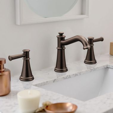 Click here to see Moen TV6405ORB Moen Belfield Two-Handle Widespread Lavatory Faucet with Valve and Pop-Up Drain, Lever Handle, 1.2 GPM, M-PACT, Oil Rubbed Bronze - TV6405ORB