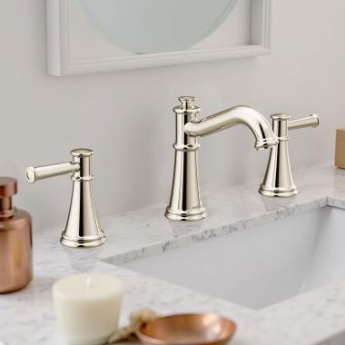 Click here to see Moen TV6405NL Moen Belfield Two-Handle Widespread Lavatory Faucet with Valve and Pop-Up Drain, Lever Handle, 1.2 GPM, M-PACT, Polished Nickel - TV6405NL