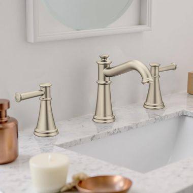 Click here to see Moen TV6405BN Moen Belfield Two-Handle Widespread Lavatory Faucet with Valve and Pop-Up Drain, Lever Handle, 1.2 GPM, M-PACT, Brushed Nickel - TV6405BN
