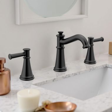 Click here to see Moen TV6405BL Moen Belfield Two-Handle Widespread Lavatory Faucet with Valve and Pop-Up Drain, Lever Handle, 1.2 GPM, M-PACT, Matte Black - TV6405BL