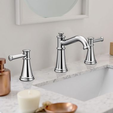 Click here to see Moen TV6405 Moen Belfield Two-Handle Widespread Lavatory Faucet with Valve and Pop-Up Drain, Lever Handle, 1.2 GPM, M-PACT, Chrome - TV6405