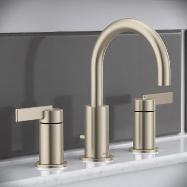 Click here to see Moen TV6222BN Moen Wynford High Arc Two-Handle Widespread Bathroom Faucet with Valve and Pop-Up Drain, 1.2 GPM, 60 PSI, WaterSense, Brushed Nickel -TV6222BN