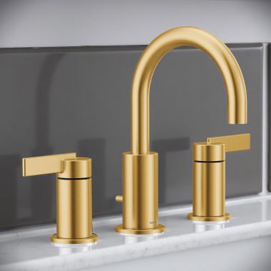 Click here to see Moen TV6222BG Moen Wynford High Arc Two-Handle Widespread Bathroom Faucet with Valve and Pop-Up Drain, 1.2 GPM, 60 PSI, WaterSense, Brushed Gold - TV6222BG