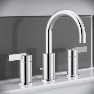 Click here to see Moen TV6222 Moen Wynford High Arc Two-Handle Widespread Bathroom Faucet with Valve and Pop-Up Drain, 1.2 GPM, 60 PSI, WaterSense, Chrome -TV6222