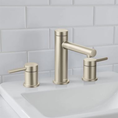 Click here to see Moen TV6193BN Moen Align Widespread Bathroom Faucet with Valve and Metal Drain, 1.2 gpm WaterSense, Duralast Cartridge, 1/2 Connection, Brushed Nickel - TV6193BN