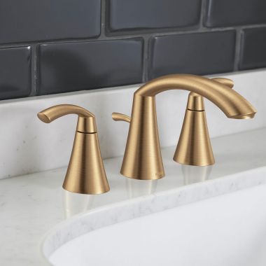 Click here to see Moen TV6173BZG Moen Glyde Two-Handle Widespread Bathroom Faucet with Valve and Drain, 1.2 gpm, WaterSense, M-PACT, Bronzed Gold - TV6173BZG