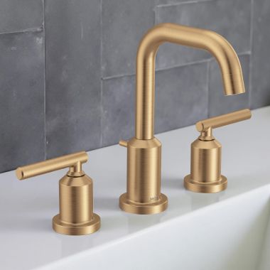 Click here to see Moen TV6142BZG Moen Gibson Two-Handle High-Arc Widespread Bathroom Faucet with M-PACT Valve, ADA, 1.2 GPM, Bronzed Gold - TV6142BZG