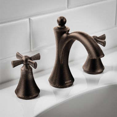 Click here to see Moen TV4524ORB Moen Wynford Widespread Bathroom Faucet with Valve and Metal Drain, 1.2 gpm, WaterSense, M-PACT, 1/2