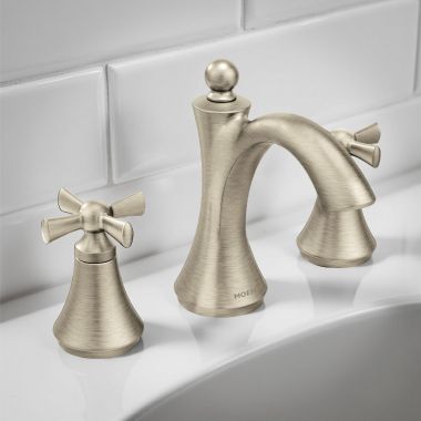 Click here to see Moen TV4524BN Moen Wynford Widespread Bathroom Faucet with Valve and Metal Drain, 1.2 gpm, WaterSense, M-PACT, 1/2