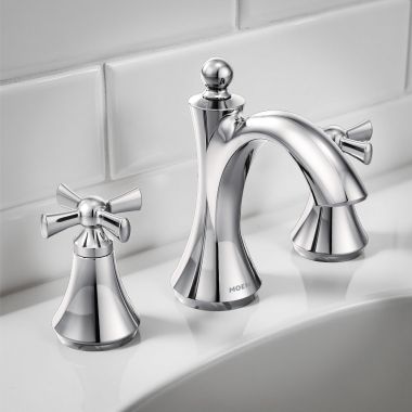 Click here to see Moen TV4524 Moen Wynford Widespread Bathroom Faucet with Valve and Metal Drain, 1.2 gpm, WaterSense, M-PACT, 1/2