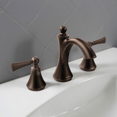 Click here to see Moen TV4520ORB Moen Wynford High Arc Two-Handle Widespread Bathroom Faucet with Valve and Pop-Up Drain, 1.2 GPM, 60 PSI, WaterSense, Oil Rubbed Bronze - TV4520ORB