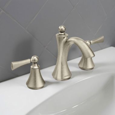 Click here to see Moen TV4520BN Moen Wynford High Arc Two-Handle Widespread Bathroom Faucet with Valve and Pop-Up Drain, 1.2 GPM, 60 PSI, WaterSense, Brushed Nickel - TV4520BN