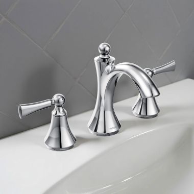 Click here to see Moen TV4520 Moen Wynford High Arc Two-Handle Widespread Bathroom Faucet with Valve and Pop-Up Drain, 1.2 GPM, 60 PSI, WaterSense, Chrome - TV4520