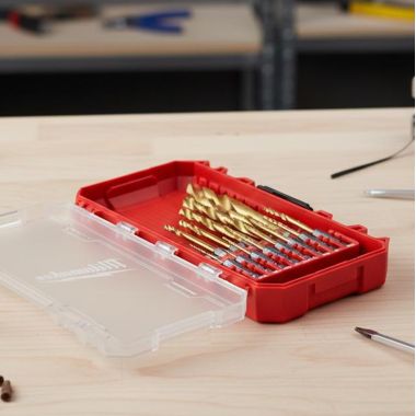 Click here to see Milwaukee 48-89-4670 Milwaukee SHOCKWAVE Impact Duty RED HELIX Titanium Drill Bit Set with PACKOUT Compatible Accessory Case, 15-Piece, 1/4