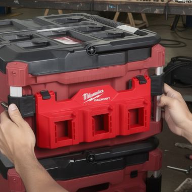 Click here to see Milwaukee 48-22-8603V Milwaukee PACKOUT Tool Box M18 Battery Rack Attachment with Attachment Mounts - 48-22-8603