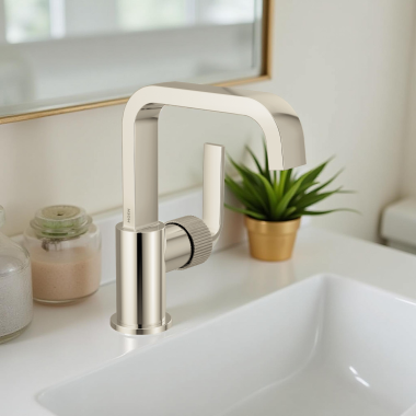 Click here to see Moen S5748NLBN Moen Cambium Single-Handle Bathroom Faucet, Duralast Cartridge, ADA, WaterSense, 1.2 GPM, Brushed Nickel/ Polished Nickel - S5748NLBN
