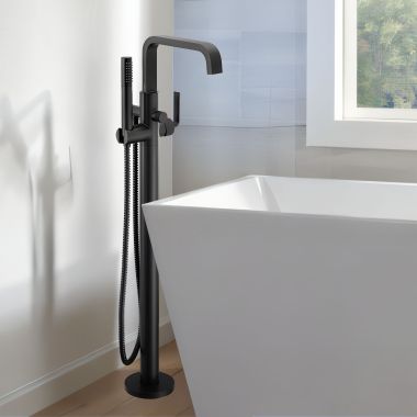 Click here to see Moen S578BL Moen Cambium Freestanding Tub Filler with Single-Function Handheld Shower, 1.75 GPM, 6 GPM, WaterSense Shower, ADA, Matte Black - S578BL