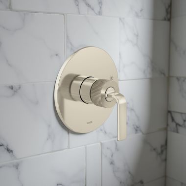 Click here to see Moen TS2581NLBN Moen Cambium Pressure Balancing Valve Trim, Posi-Temp, M-PACT, ADA, WaterSense, 1.75 GPM, Polished Nickel/ Brushed Nickel - TS2581NLBN