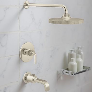 Click here to see Moen TS2583EPNLBN Moen Cambium Tub and Shower Trim, Posi-Temp, M-PACT, ADA, WaterSense, 1.75 GPM, Polished Nickel/ Brushed Nickel - TS2583EPNLBN