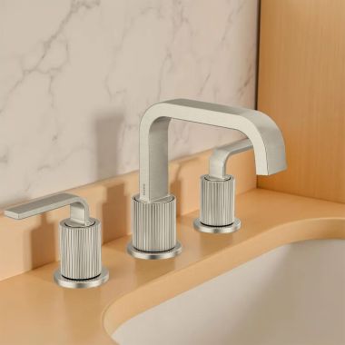 Click here to see Moen TVS5758BN Moen Cambium Two-Handle Widespread Bathroom Faucet, Duralast, M-Pact, ADA, WaterSense, 1.2 GPM, Brushed Nickel - TVS5758BN