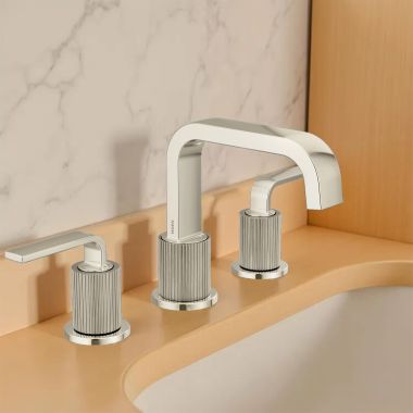 Click here to see Moen TVS5758NLBN Moen Cambium Two-Handle Widespread Bathroom Faucet, Duralast, M-Pact, ADA, WaterSense, 1.2 GPM, Polished Nickel/ Brushed Nickel - TVS5758NLBN