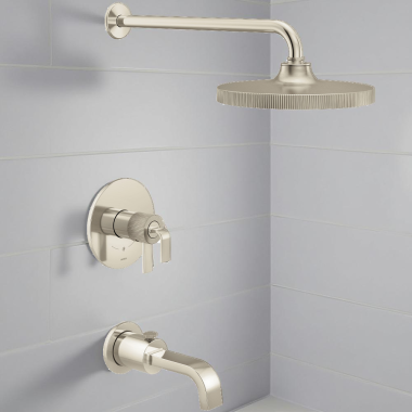 Click here to see Moen UTS4583EPNLBN Moen Cambium M-CORE 4-Series Tub and Shower Trim with Two Lever Handles, 1.75 GPM, Polished Nickel/Brushed Nickel - UTS4583EPNLBN