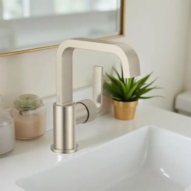 Click here to see Moen S5748BN Moen Cambium Single-Handle Bathroom Faucet, Duralast Cartridge, ADA, WaterSense, 1.2 GPM, Brushed Nickel - S5748BN