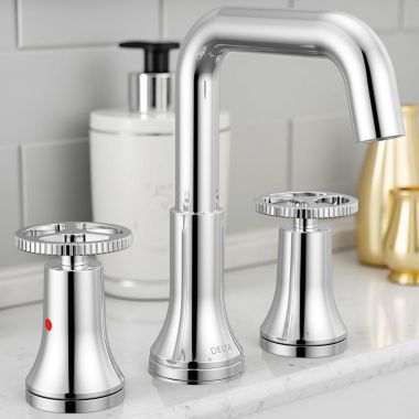 Click here to see Delta 35547-MPU-DST Delta Trinsic Two-Handle Bathroom Faucet with Metal Pop-Up, 1.2 GPM, DIAMOND Seal, Wheel Handles, Chrome - 35547-MPU-DST