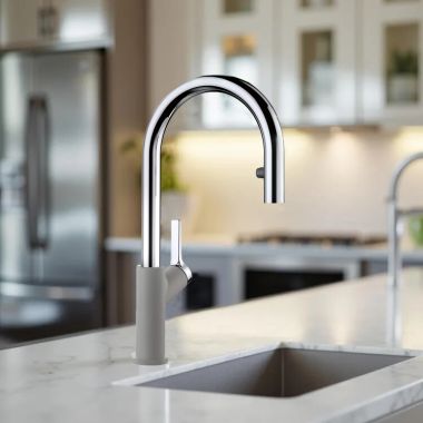 Click here to see Blanco 526396 Blanco Urbena 16-1/8 Inch High Arc Single Handle Pull-Down Kitchen Faucet with Lever Handle, 1.5 GPM, Chrome/Metallic Gray - 526396